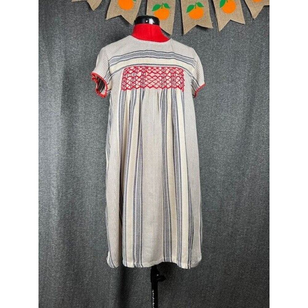 THML Crocheted Sleeve Trim Dress Tan with Blue Stripes Lined Womens XSmall - Picture 2 of 10